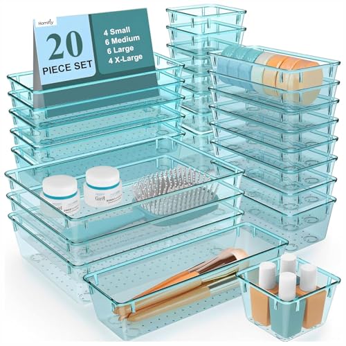 Image of HOMIFLY 20 Piece Unbreakable Drawers Organisers /Multipurpose Drawer Organizer Tray /Storage Box for Dressing Table /Makeup Organiser Tray /Storage Bins For Bathroom /Kitchen (Seablue)