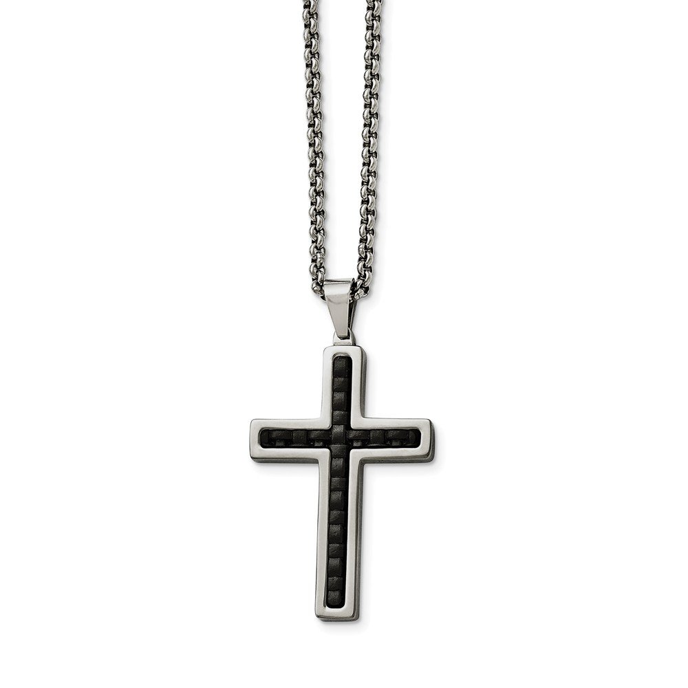 Solid Stainless Steel Mens Black Genuine Leather Inlay Cross