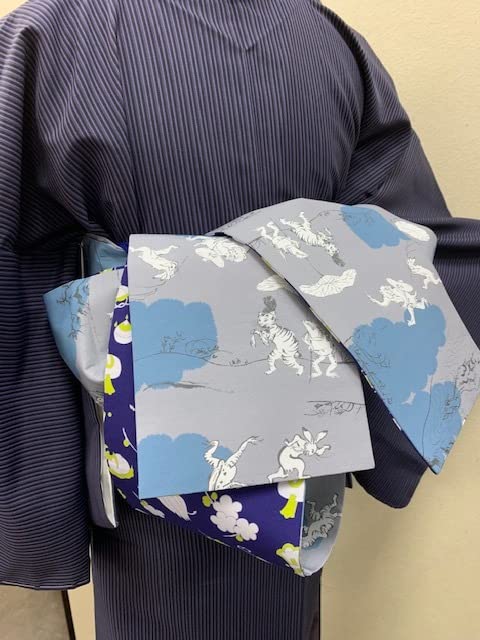 Amazon.co.jp: 袷の着物に撫松庵 半幅帯猫と鳥獣戯画と裏は古代紫に  