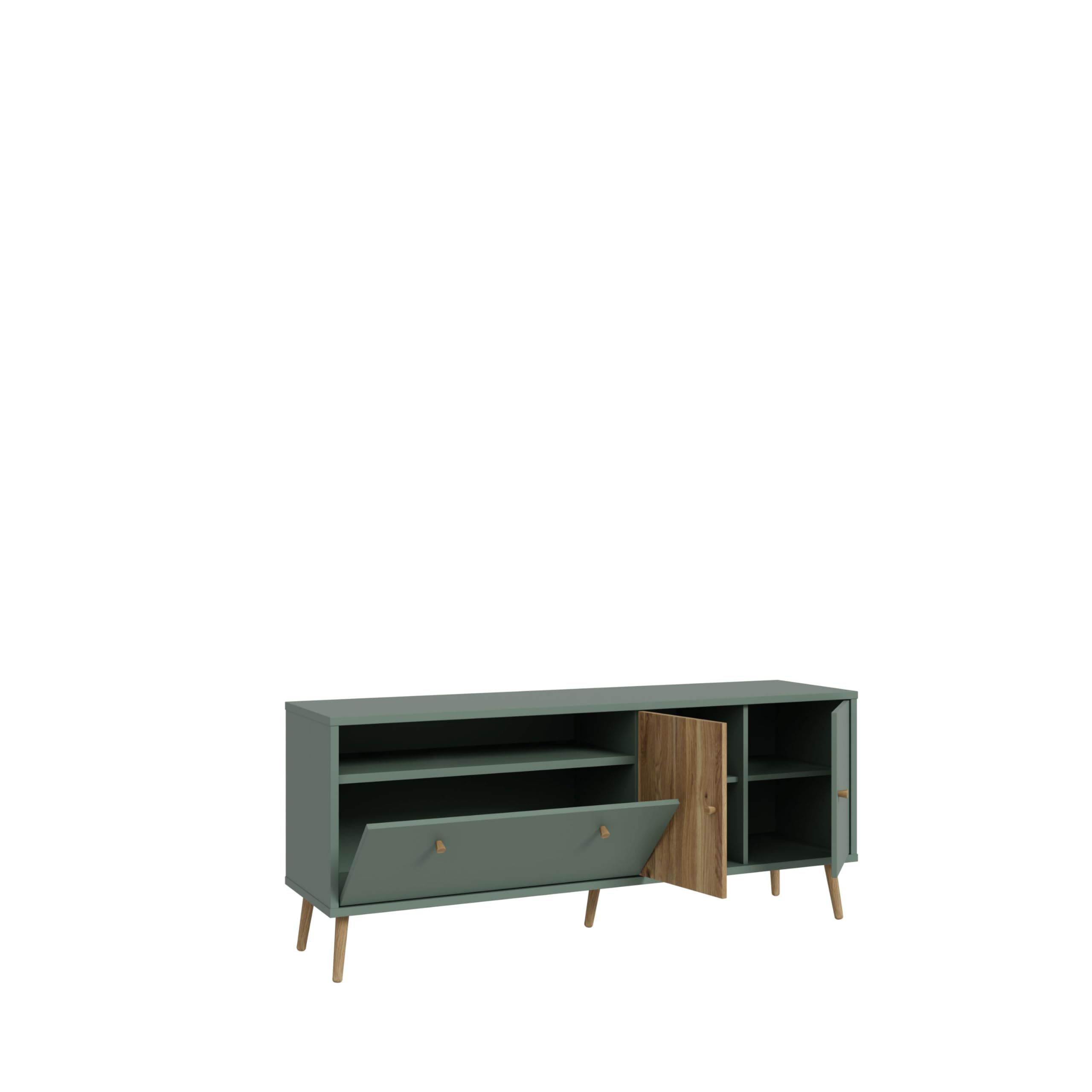 FORTE Harllson, einfache Montage Dank EasyKlix TV Tisch, Salbei mit Mauvella Eiche, TV Schrank mit 2 Türen, skandinavischer, moderner Stil, 160 cm breit x 67 cm hoch x 41 cm tief