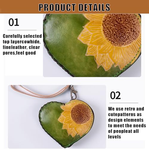 Wristlet Wallets for Women, Coin Pouch for Women,Small Leather Pouch With Zipper for Women Fashionable Wallet Leather Classic Money Bag，Sunflower Gifts for Women (Heart shaped green)3