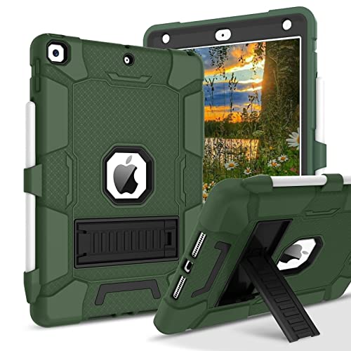 Bentoben Ipad 9Th Generation Case, Ipad 8Th / 7Th Generation Case, Heavy Duty Rugged 3 In 1 Shockproof Kickstand Hybrid Three Layer Protective Cover With Pen Holder For Ipad 10.2, Dark Green/Black #TOP7