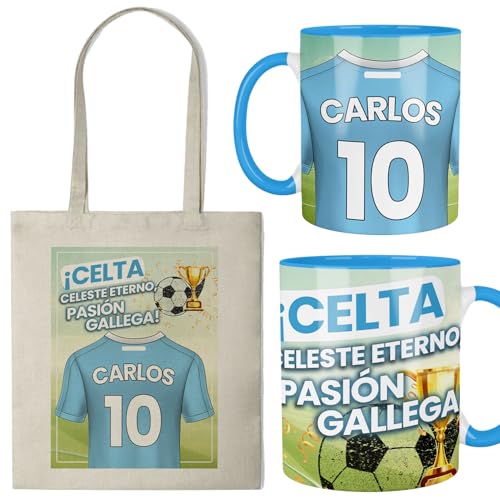 Kembilove® Taza + Bolsa Personalizada de Fútbol | Diseño Celeste “Celta Eterno” con Nombre y Número | Regalo Original para Niños, Niñas y Adultos Aficionados al Fútbol