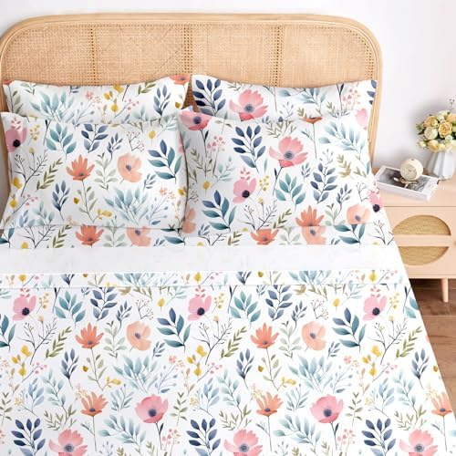 BYSURE King Sheet Set 6 Pieces (Pink & Blue Floral), Cottage Core Botanical Patterned Sheets, Victorian Flower Microfiber Bedding Decor