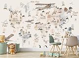 Tiere Weltkarte für Kinder Fototapete Wandbild Kinderzimmer Heißluftballons B 366 cm x H 254 cm Wanddekoration Papier Poster