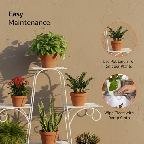 Image of Amazon Basics Metal Planter Stand for Living Room, Indoor Outdoor Plant Stand for Balcony and Home Decor, Holds 6 Planters, White