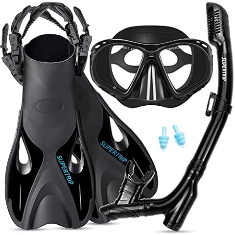 Snorkel Set Adults with Flippers, 3 Piece Diving Set with Mask Snorkel and Fins for Men Women, Anti-Fog Diving Mask, 3-Channel Dry Top Snorkel, Diving Flippers and Gear Bag for Snorkeling Swimming Cover