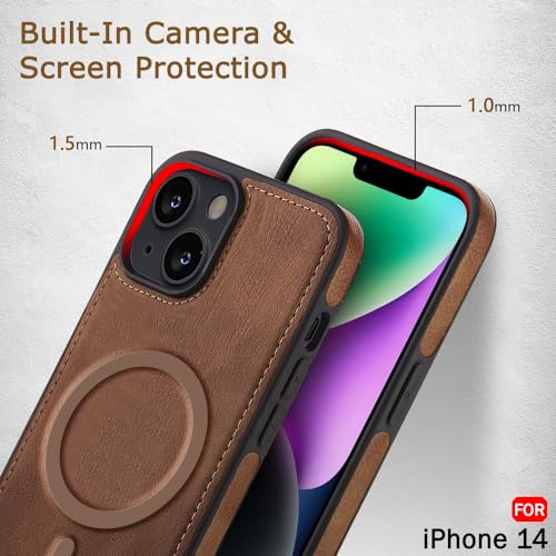 Image of TheGiftKart Genuine Leather Finish Back Cover Case for iPhone 14 | Shockproof Design | Raised Edges for Camera & Screen Protection | Stunning Minimalist Design Case Cover (MagSafe Compatible, Brown)
