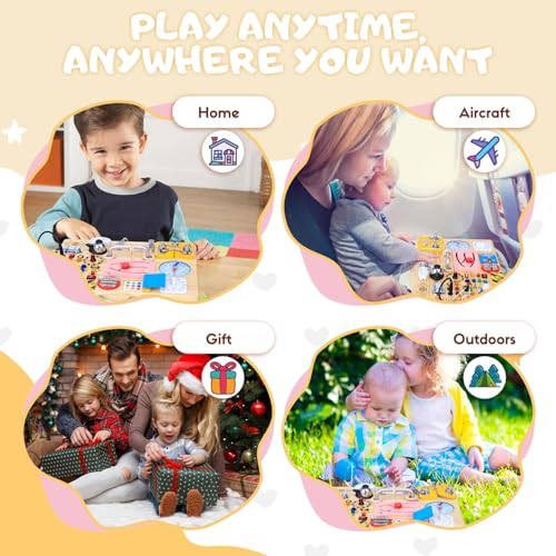 Image of Busy Board with 13 LED Light Switches and 12 Activity, Montessori Toys for Toddlers, Wooden Toy Sensory Activity Board, Travel Toys for 1+ Year Old Boy & Girl Birthday Gift (25 in 1 Busy Board)