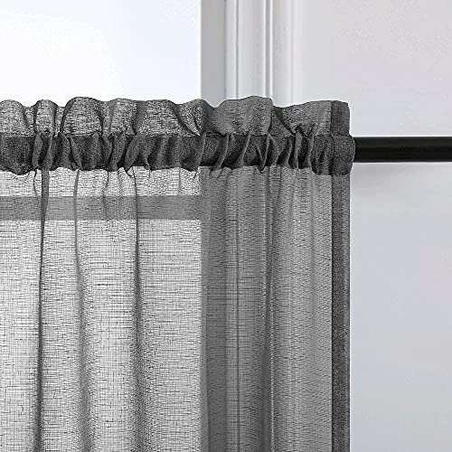 Charcoal Grey Short Curtains For Small Windows 30 Inch Length Set 2 Panel Rod Pocket Semi Sheer Kitchen Window Curtain Faux Linen Half Curtains For Bedroom Basement Window Curtain 30X30 Long Dark Gray #TOP1
