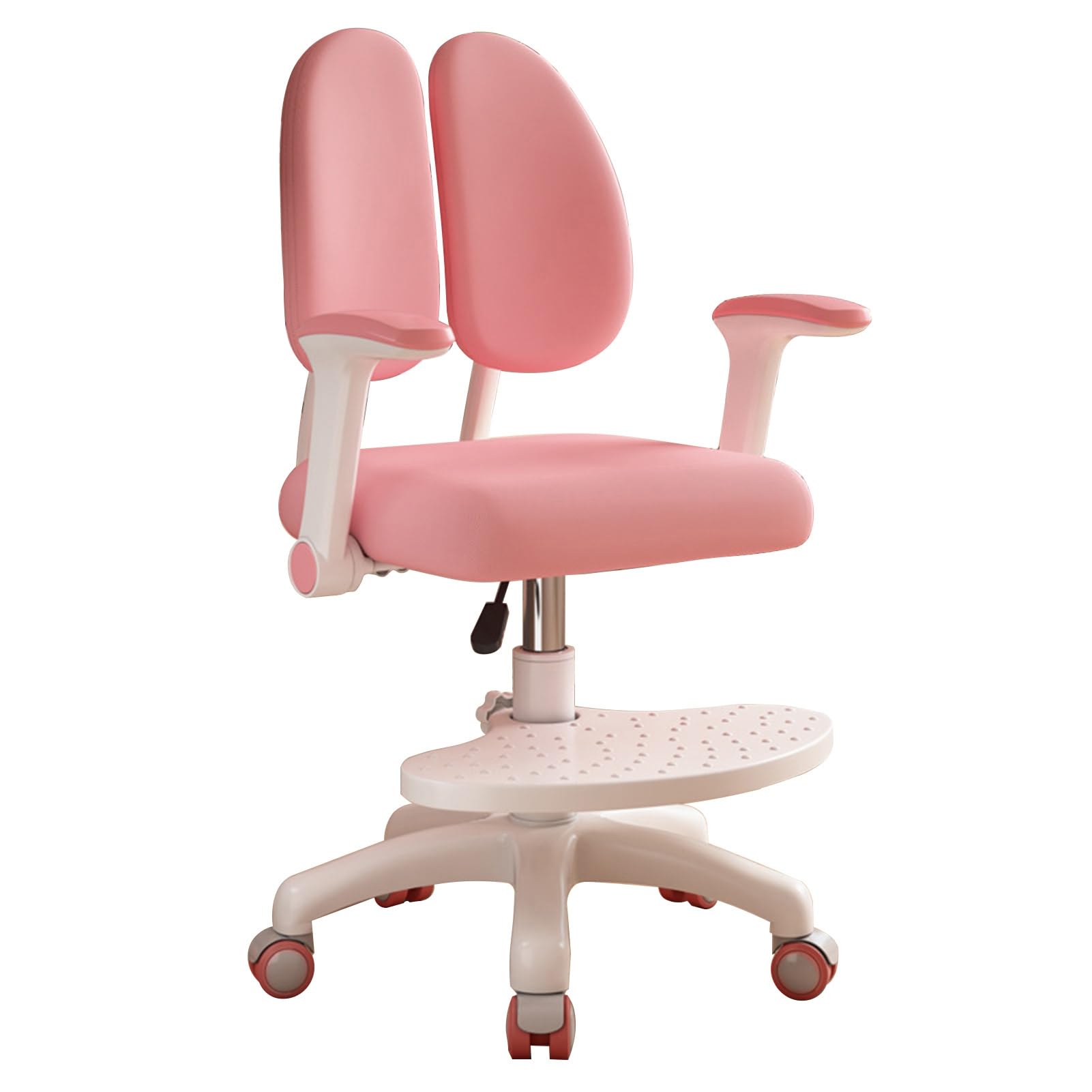 Fotel biurkowy dla dzieci z kółkami i podłokietnikiem, z regulacją wysokości, obracany o 360°, ergonomiczny, do nauki dla dzieci z podparciem lędźwiowym, różowy
