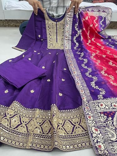 Image of by Pink Anarkali Flared Kurti Pant Dupatta Suit Set.