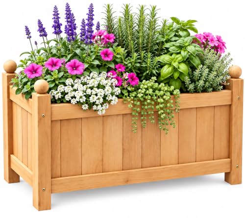 Image of PaMeer Wooden Raised Garden Bed Planter Box – Large Rectangular Outdoor Flower & Herb Planter, Weather Resistant Fir Wood Trough for Patio, Balcony & Backyard, Easy Assembly (Natural, 60cm)
