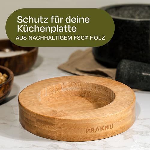Foto von Praknu Mörser mit Extra Langem Stößel aus Granit 14 cm – Elegante FSC® Holzbasis – Reichhaltiger Geschmack & Müheloses Mahlen – Ideal für Gewürze, Kräuter oder Nüsse – Groß