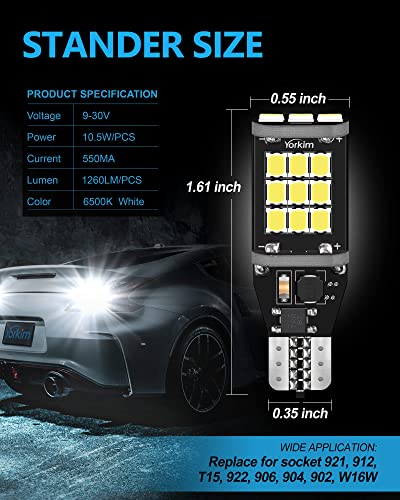 Yorkim 921 LED Bulb White CANBUS Error Free T15 LED Bulb Reverse Lights for Truck 921 LED Reverse Light Bulb Car LED Replacement Bulb for 906 904 902 W16W 912 led bulb, Pack of 2 - Image 3