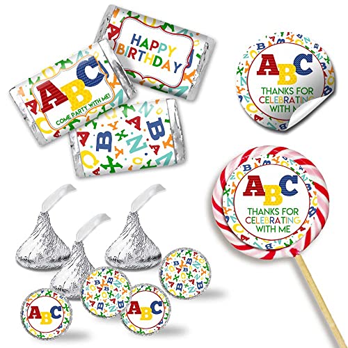 ABC Birthday Party Supplies, 429 Piece Alphabet Sticker Favor Bundle with 60 2 Inch Labels, 45 Mini Candy Wrappers & 324 Kiss Stickers by Amanda Creation