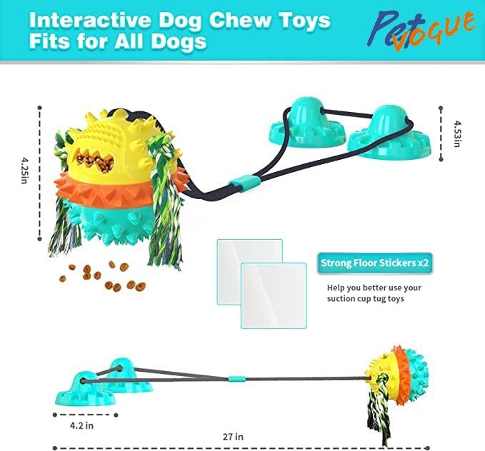 Image of PetVogue Interactive Dog Toy Include a tug-of-war Rope with a Teeth-Cleaning Ball a Suction Cup Dog chew Toy for Aggressive chewers a Treat-Dispensing Squeaky Dog Toy with Self-Playing (Blue, Yellow)
