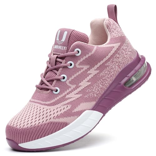 Asiman Steel Toe Shoes for Women Air Cushion Safety Work Shoes Breathable Lightweight Work Sneakers Construction Industrial Composite Toe Sneakers (Pink, 6.5)