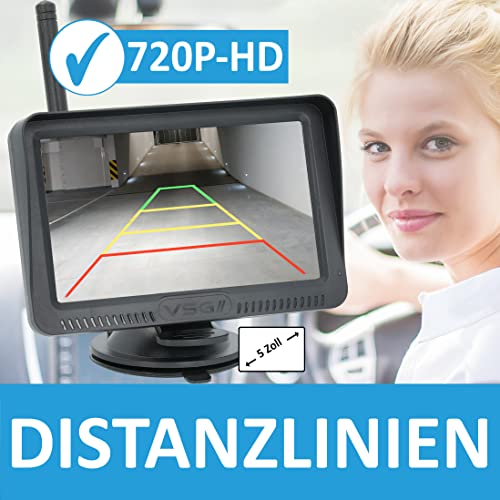 VSG24 5“ HD Funk Rückfahrsystem Premium ONE für PKW, KFZ Set kabellos inkl. Rückfahrkamera +...