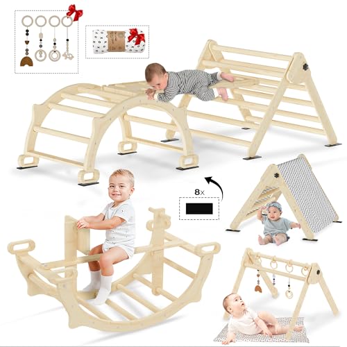 Image of 8 in 1 Pikler Triangle Set, Foldable Baby Climbing Wooden Toys with Detachable Seesaw, Arch&Ramp&Ladder, Montessori Climbing Set, Toddler Climbing Toys Indoor Climbing Gym, All Natural Wood
