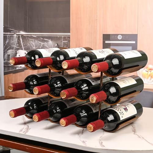 TRUDING Countertop Wine Rack - 12 Bottle Freestanding Wine Bottle Holder Stand - 3 Tier Wooden Wine Storage Rack - Walnut Wavy Wine Organizer for Cabinet Pantry Home Kitchen Bar
