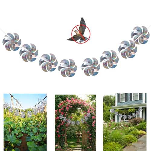10 Meters of 8 Pieces Reflective Pinwheels Strings, Sparkly Hanging Scare Bird Deterrent Windmills, Outside Bird Repellent Wind Spinners Deterrent Birds Away from Yard Garden Patio Farm