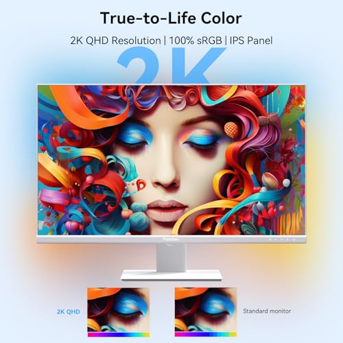 Image of 27 inch Computer Monitor, 2k QHD(2560 * 1440P) 100Hz IPS Screen PC Monitor, Built-in Speakers, Wall Mountable Installs USBC HDMI 2.0 DP 1.4-White