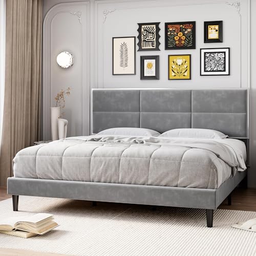 GarveeHome King Size Velvet Bed Frame with Headboard, Modern Upholstered Platform Bed, Mirror Stainless Steel Decoration, Wooden Slats Support, No Box Spring Needed, Easy Assembly, Light Gray