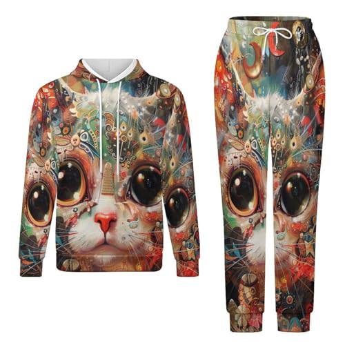 Ensemble 2 pièces homme survêtement chat 3D sweat à capuche rose et jogging