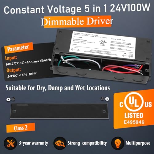 Image of 100W Dimmable LED Driver 24V, 110V-277V AC to 24V DC Led Light Transformer Compatible with lutron and leviton Dimmer, TRIAC /Phase /0-10V /1-10V /Potentiometer /10V PWM 5 in 1 Dimming LED Driver, UL Listed