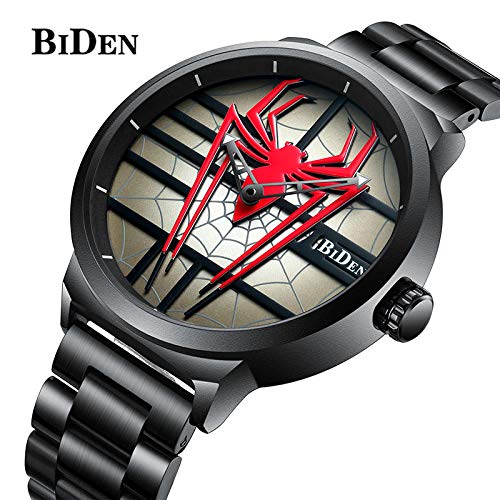 Men's Fashion Sports Watches Personality Spider Full Stainless Steel Quartz Hollow Waterproof Cool Casual Wristwatches (Red)