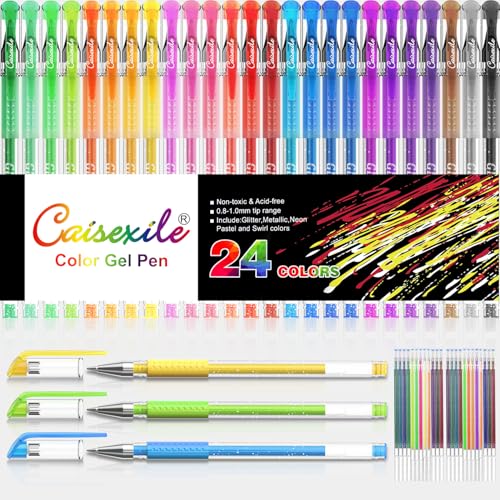 CAISEXILE 24 Coloring Glitter Gel Pens Come with 24 Free Matched Refills, Artist Drawing Pens, for Adult Coloring Sketching Doodling Writing Back to School Supplies