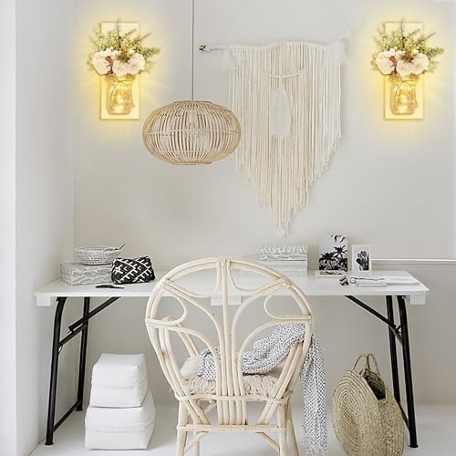 Image of Rustic Wall Sconces Mason Jar Sconces Handmade Wall Art Hanging Design with Remote Control LED Fairy Lights and White Peony, Christmas Decor Gifts Farmhouse Home Decor Living Room Lights Set of Two