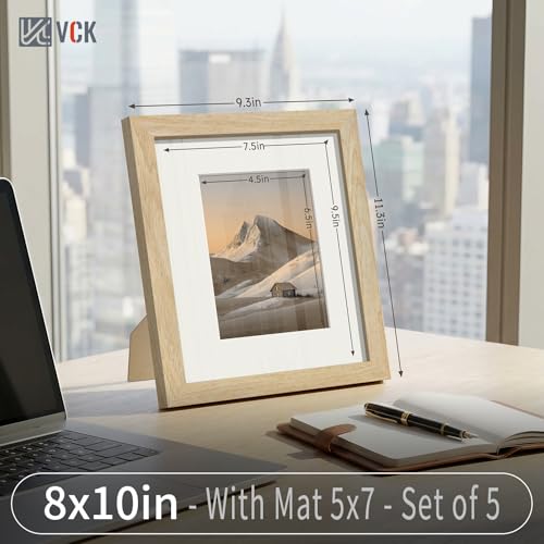 Image of VCK 8x10 Picture Frame 5 Pack, Natural Wood, 5x7 Mat, Glass, for Portrait