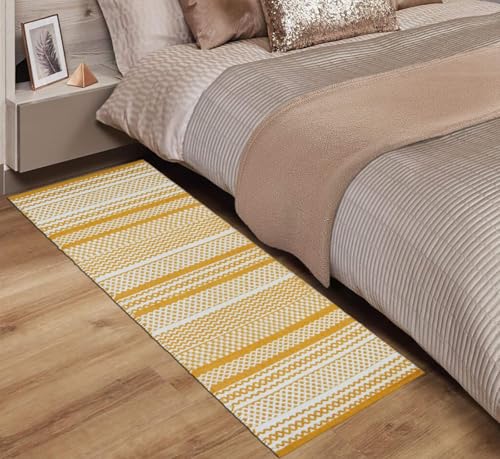 Image of Handwoven Cotton Runner for Bedroom, Kitchen, Balcony, etc. Size- 45X130cm, Machine Washable 8 mm Thick, Anti Slip, Yellow