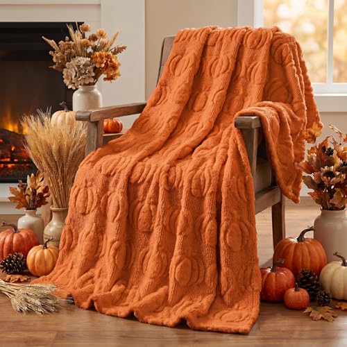 Horaldaily Fall Blanket Throw, Rust Red Pumpkin Autumn Harvest Soft Fuzzy Plush Faux Fur Cozy Blankets for Couch Sofa Bed Lounging, Ideal Gifts for Kids Adults Wife Self, 50x60