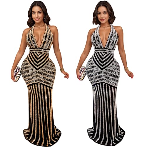 Image of PORRCEY Women's Sexy Rhinestone Mesh See Through Party Night Prom Dress