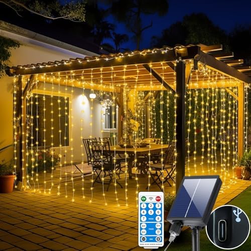 5 Outdoor Solar Curtain Lights That Will Transform Your Space 2 300LED Solar Curtain Lights Waterproof, 10Ft x 10Ft Twinkle Curtain String Fairy Light with Remote Control, 8 Modes, Warm White Solar Hanging Waterfall Lights for Outdoor Backdrop Gazebo Wall Xmas