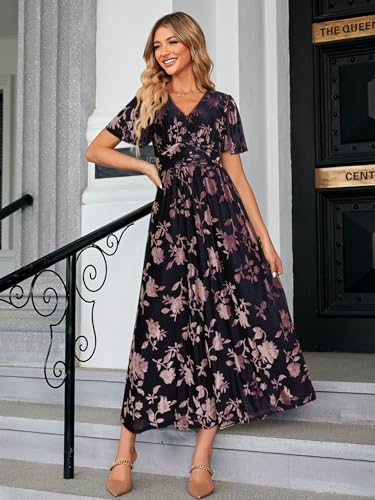 Image of Simplee Women's V Neck Velvet Maxi Dress Short Sleeve Empire Waist Long Formal Dress for Wedding Guest