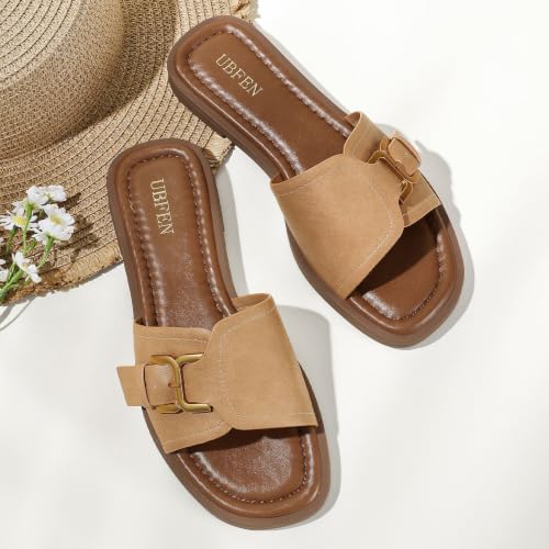 Image of UBFEN Womens Square Toe Flat Sandals Slides Dressy Comfortable for Beach