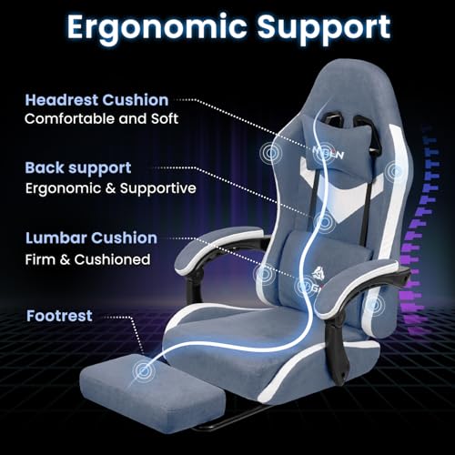 Image of N-GEN GAMING Video Gaming Chair Office Computer Desk Use Ergonomic Reclining Backrest Adjustable Armrests Lumbar Support Footrest High Density Foam Breathable Fabric Heavy Duty Base (Blue)