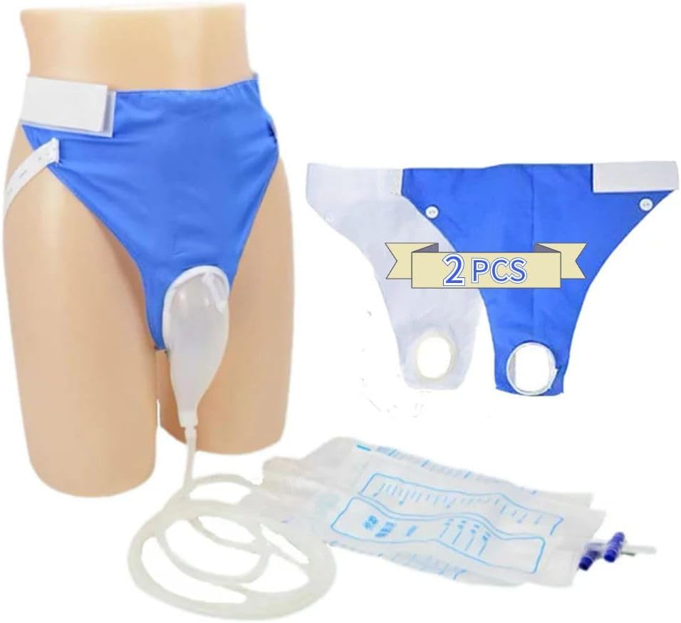 Condom Catheter Urine Collection Bag Reusable Wearable Silicone Urine Drainage Device with 2 Catheter Bag Systems 2 Piece Pants Set (Men Blue+White)