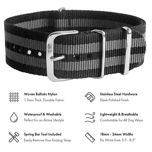 Benchmark Basics Nylon Watch Band - Waterproof Ballistic Nylon One-Piece Military Watch Straps For Men & Women (18Mm, Black/Grey Bond Striped) #TOP1
