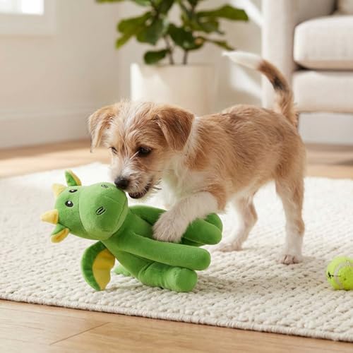 Image of Amazon Basics Green Bubble Dragon Squeaky Plush Dog Toy | Crinkle & Squeak Sound | Soft Cotton Stuffed | for Teething & Training | Ideal for Puppies & Small Dogs