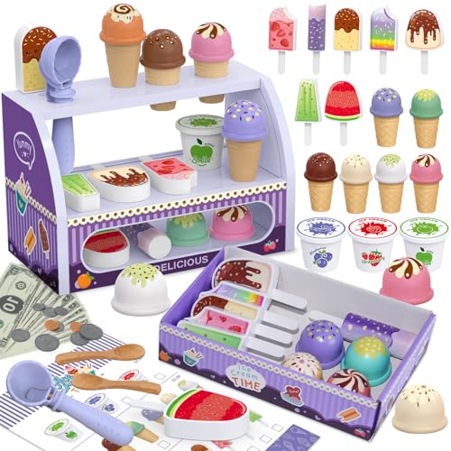 FENYAN Ice Cream Play Set, Pretend Play Store for Toddlers 3-5, Various Flavors Popsicle Ice Cream Counter Shop with Menu & Fake Money, Preschool Ice Cream Toys for Kids 3-8 Girls Birthday Gift