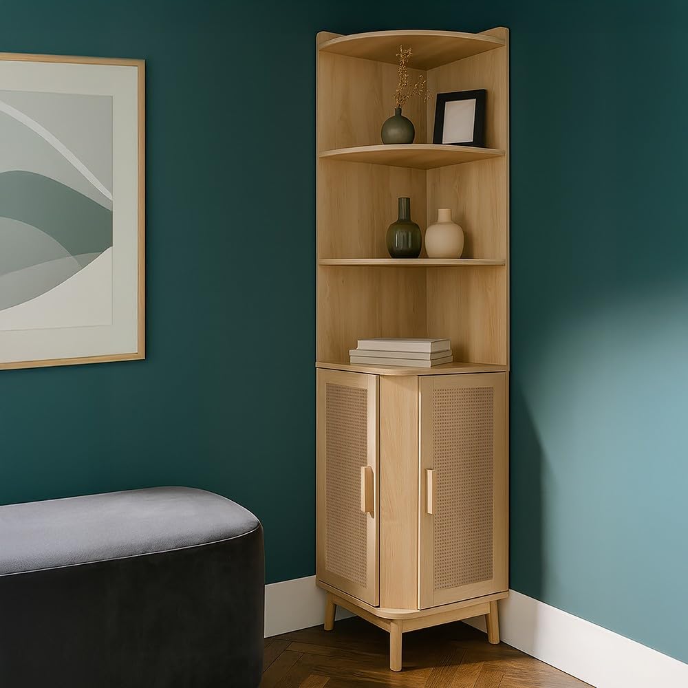 Box and beyond – Mueble esquinero – 40 x 40 x 172 cm – Madera, cannage – Almacenamiento – Salón, dormitorio, oficina, estilo bohemio y vintage