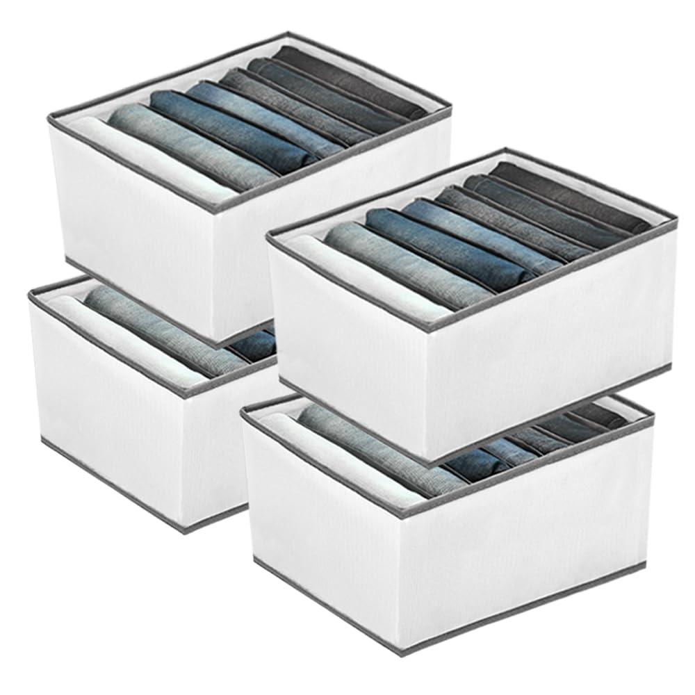4 Pack Wardrobe Closet Organiser and Storage for Clothes - 7 Grids Foldable Drawer Dividers Organizer for Jeans | Trousers | Shirts | Pants, Stackable Clothing Storage Boxes