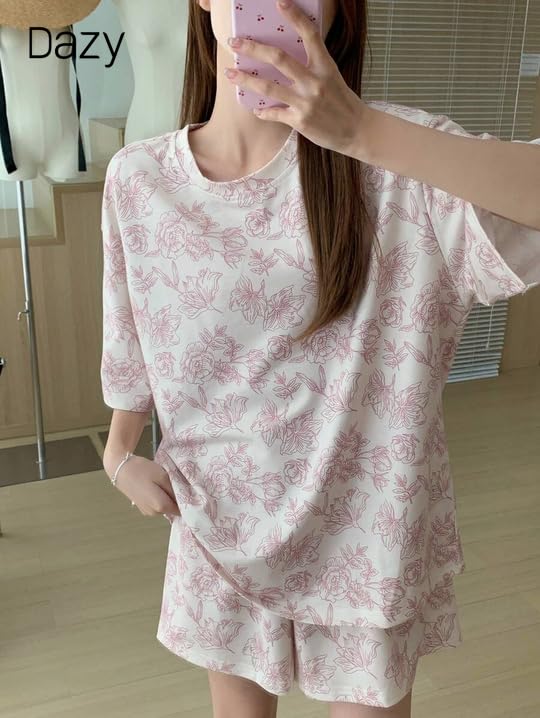 Image of Lunza Women's Cotton Blend Pajama Set, Short Sleeve T-Shirt and Shorts, Cute Bear Print Nightwear