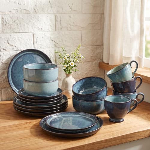 Image of Ceramic Dinnerware (16 pcs) Serve 4 people, Plates and Bowls Sets,Handmade Reactive Glaze Dishes Set,Chip Resistant and Scratch Resistant,Dishwasher, Microwave Safe