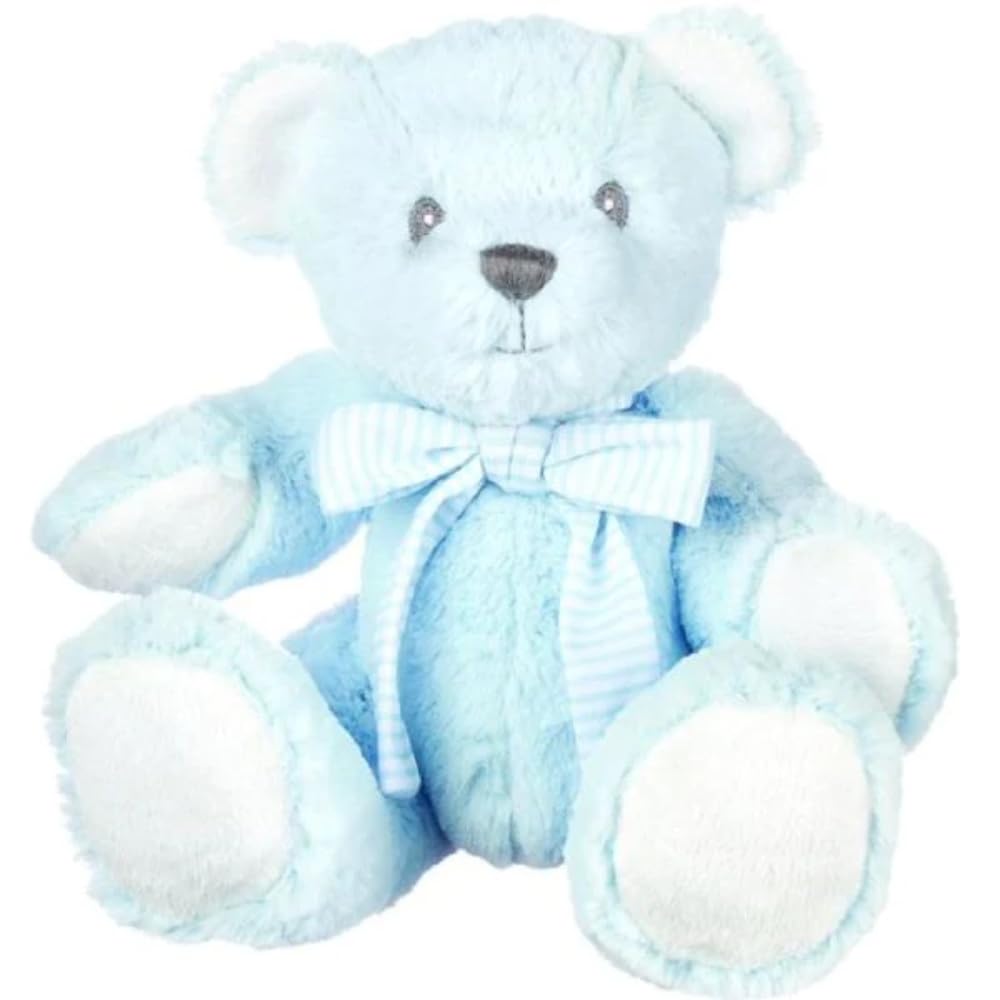 Suki Baby Hug-a-Boo Super Soft Plush Bear with Rattle in Tummy and Striped Cotton Bow (Small, Blue)